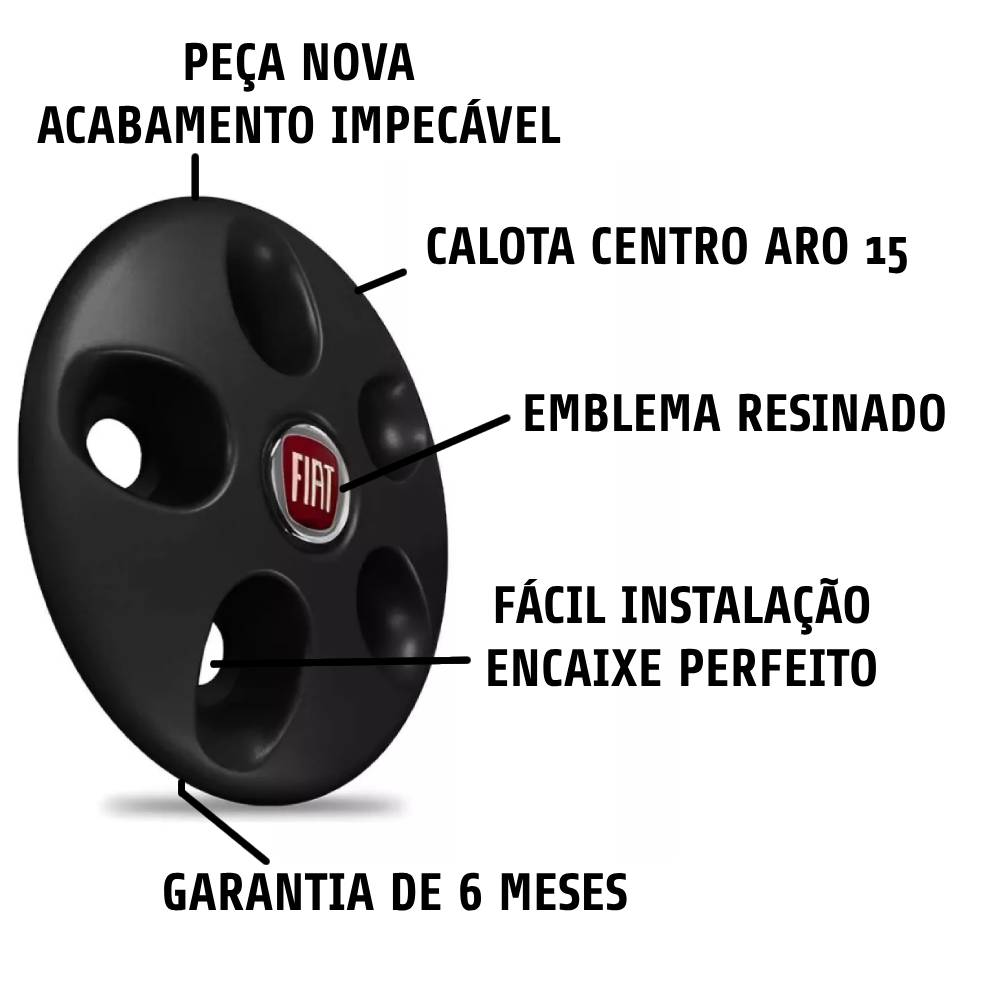 Kit 4 Calota Ducato Teto Baixo Aro 15 Preta C/emblema