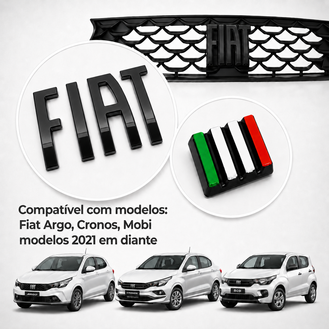 Kit Emblema Fiat Black Piano Bandeira Italia para Argo Cronos e Mobi 2021 em diante
