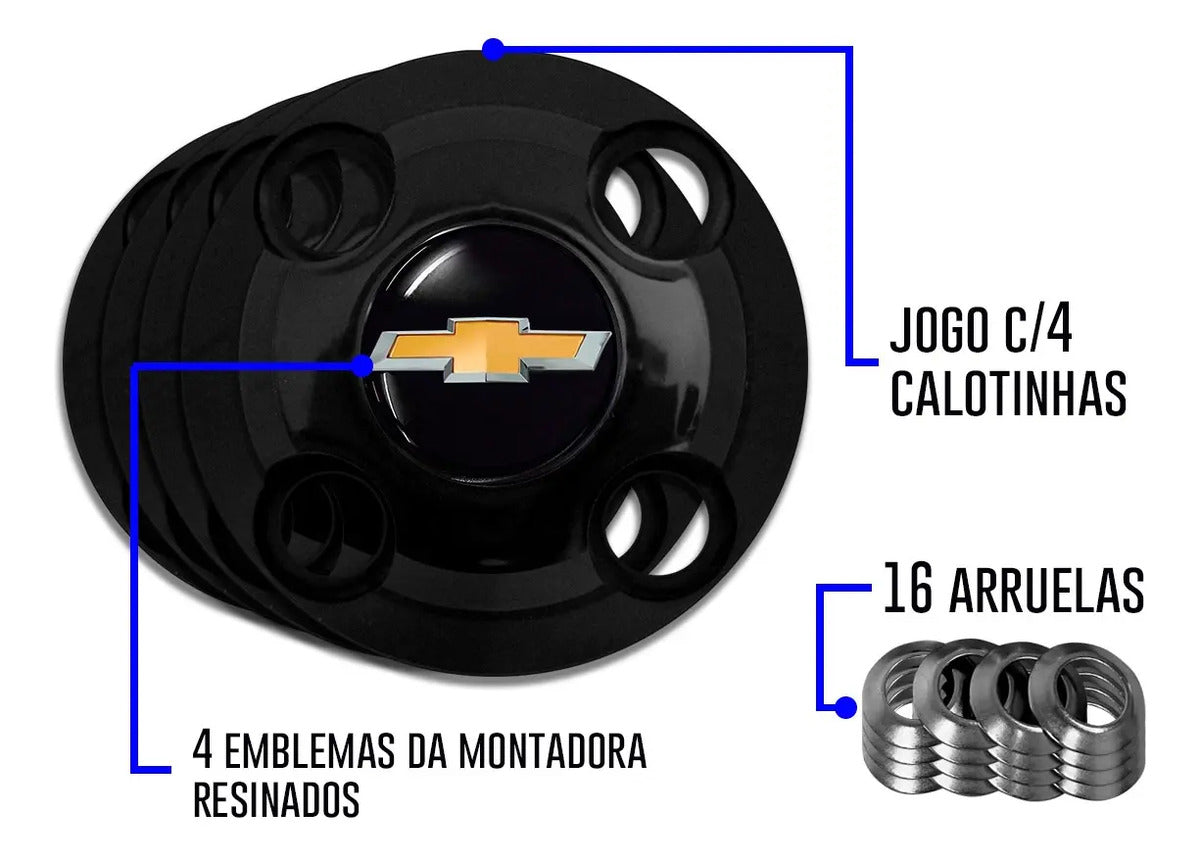 Kit Calotinhas new black Chevrolet Aro 13, 14 e 15 - Emblema Preto