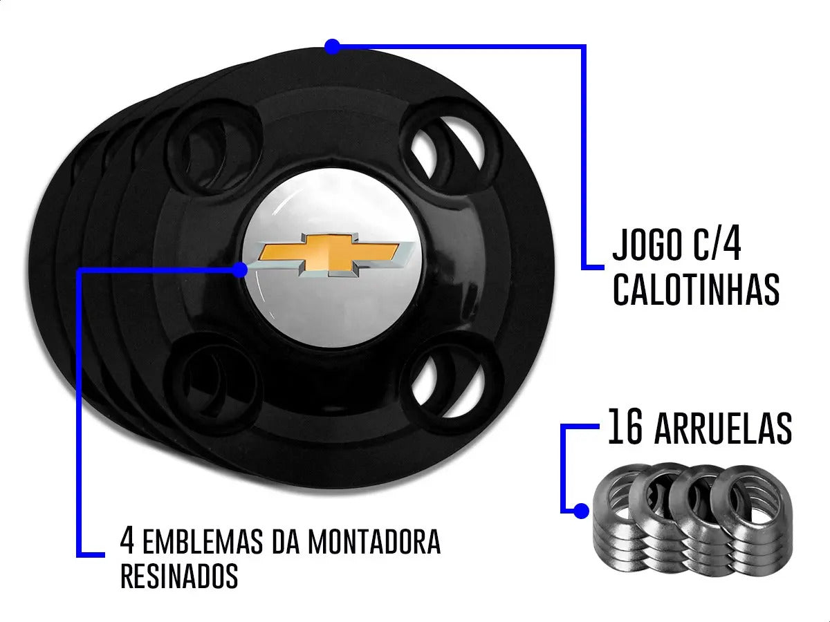 Kit Calotinhas new black Chevrolet Aro 13, 14 e 15 - Emblema Prata