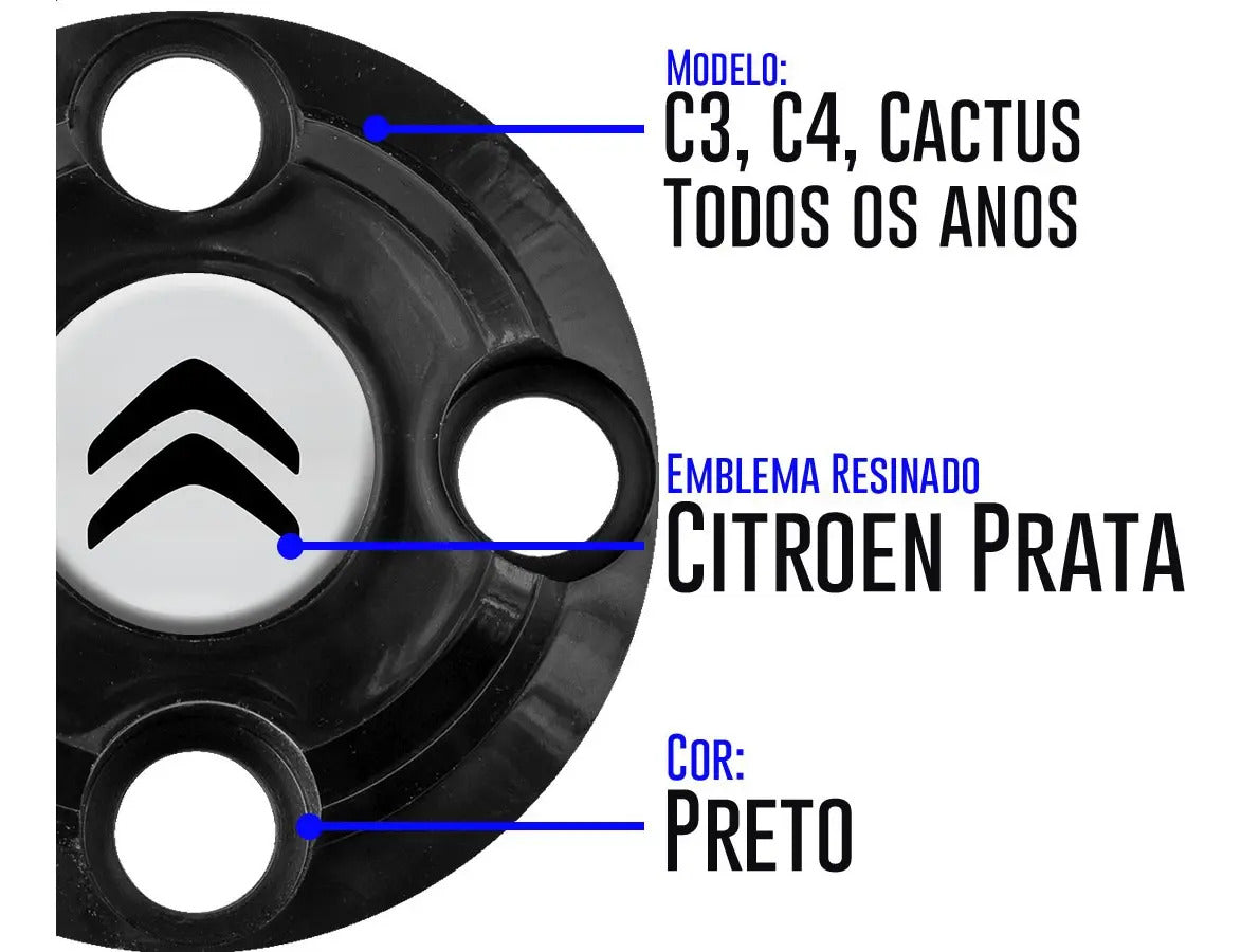Kit Calotinhas new black Citroen C3 C4 Todos modelos Aro 13, 14 e 15 - Emblema Prata
