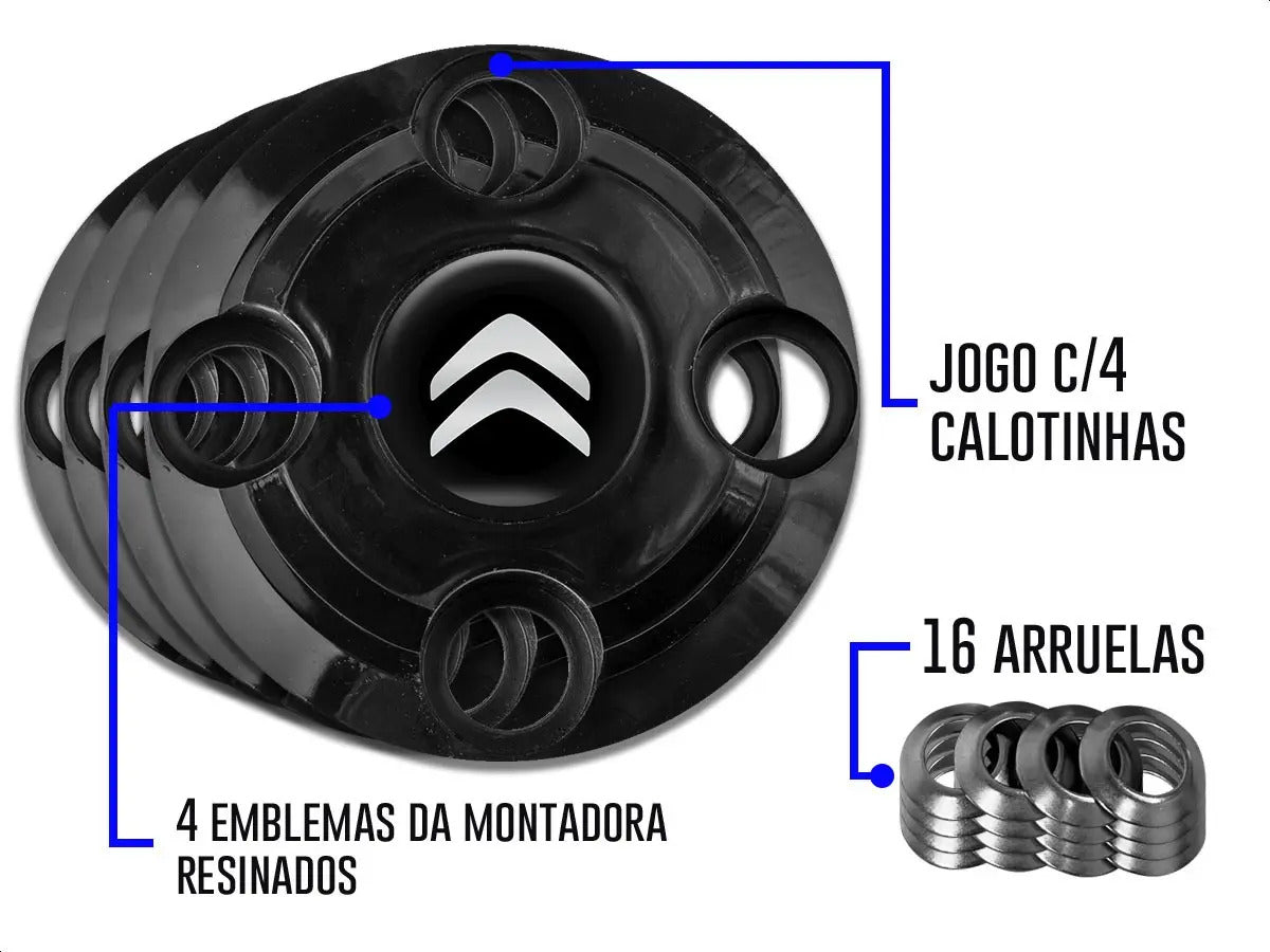 Kit Calotinhas new black Citroen C3 C4 Todos modelos Aro 13, 14 e 15 - Emblema Preto