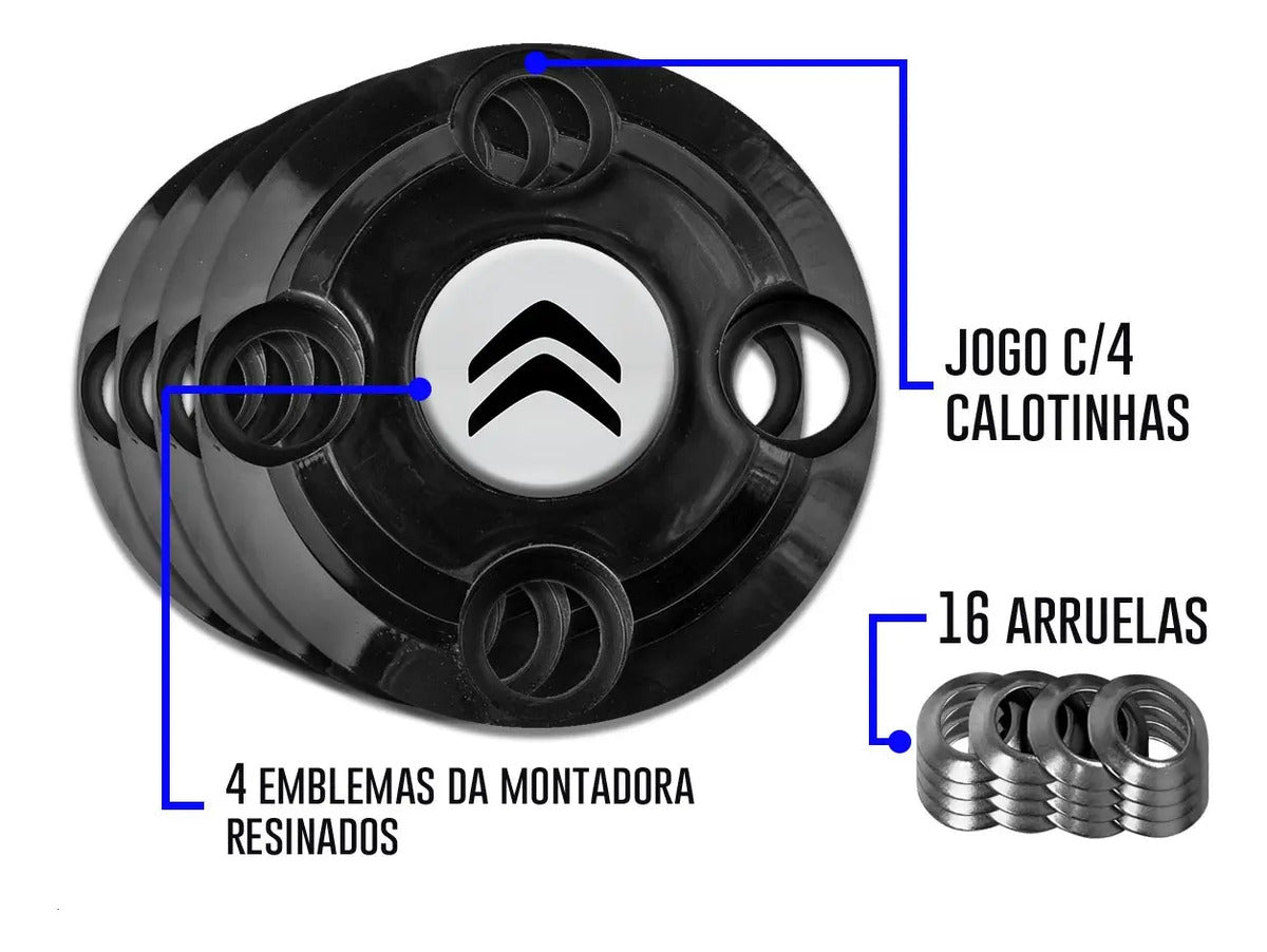 Kit Calotinhas new black Citroen C3 C4 Todos modelos Aro 13, 14 e 15 - Emblema Prata