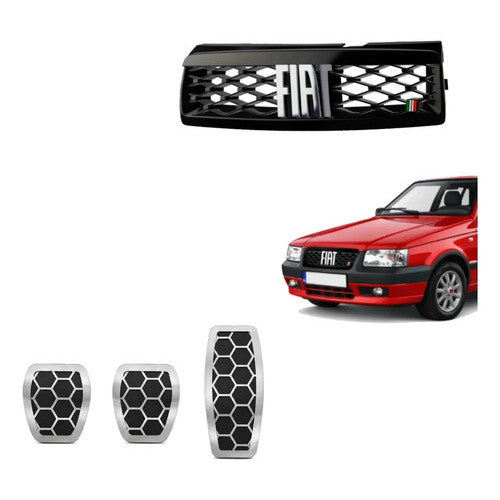 Kit Grade Preta Com Emblema Cromado e Pedaleira Urban em Inox Fiat Uno Mille 05 a 13