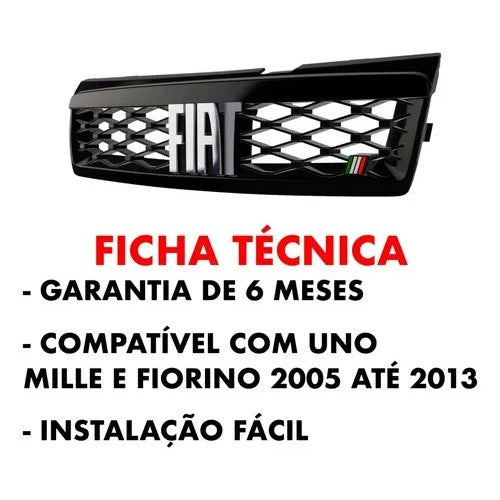 Kit Grade Preta Com Emblema Cromado e Pedaleira Lisa e Descanso Liso em Inox Fiat Uno Mille 05 a 13