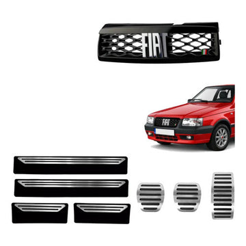 Kit Grade Cinza Com Emblema Cromado e Pedaleira Lisa e Soleiras Lisas em Inox Fiat Uno Mille 05 a 13