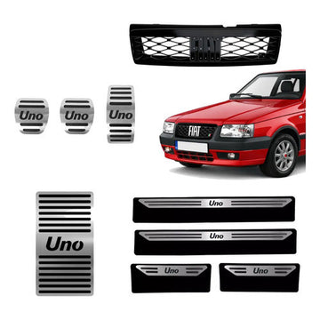 Kit Grade Preta Sem Emblema e Pedaleira Descanso e Soleiras Baixo Relevo em Inox Fiat Uno Mille 05 a 13