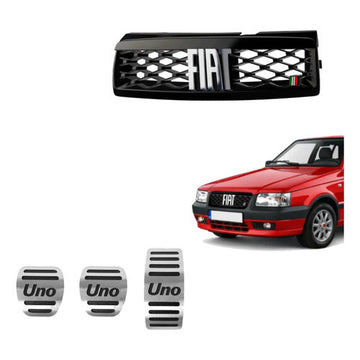 Kit Grade Preta Com Emblema Cromado e Pedaleira Manual em Inox Fiat Uno Mille 05 a 13