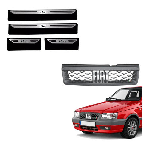 Kit Grade Cinza Com Emblema Cromado e Soleiras Baixo Relevo em Inox Fiat Uno Mille 05 a 13