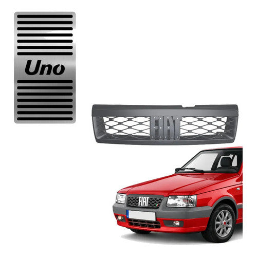 Kit Grade Cinza Sem Emblema e Descanso de Pe em Inox Fiat Uno Mille 05 a 13