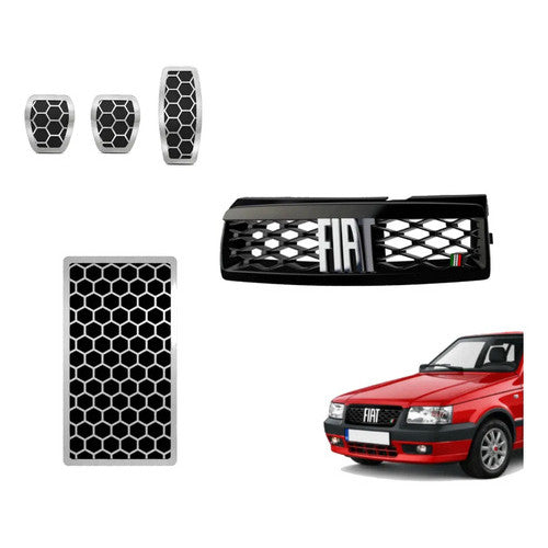 Kit Grade Preta Com Emblema Cromado e Pedaleira e Descanso Urban em Inox Fiat Uno Mille 05 a 13