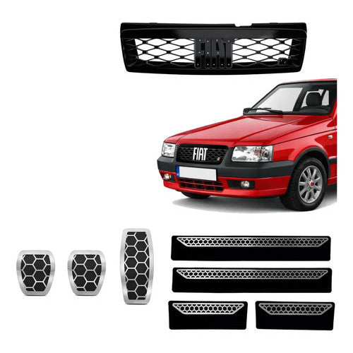 Kit Grade Preta Sem Emblema e Pedaleira e Soleiras Urban em Inox Fiat Uno Mille 05 a 13