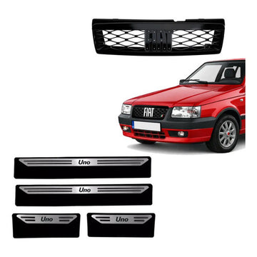 Kit Grade Preta Sem Emblema e Soleiras Baixo Relevo em Inox Fiat Uno Mille 05 a 13