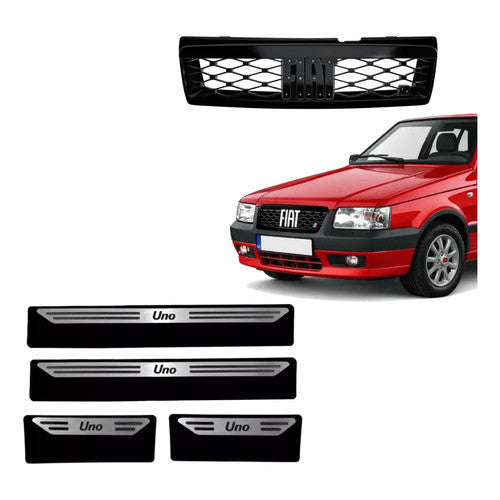 Kit Grade Preta Sem Emblema e Soleiras Baixo Relevo em Inox Fiat Uno Mille 05 a 13