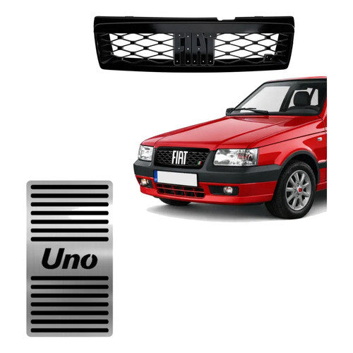 Kit Grade Preta Sem Emblema e Descanso de Pe em Inox Fiat Uno Mille 05 a 13