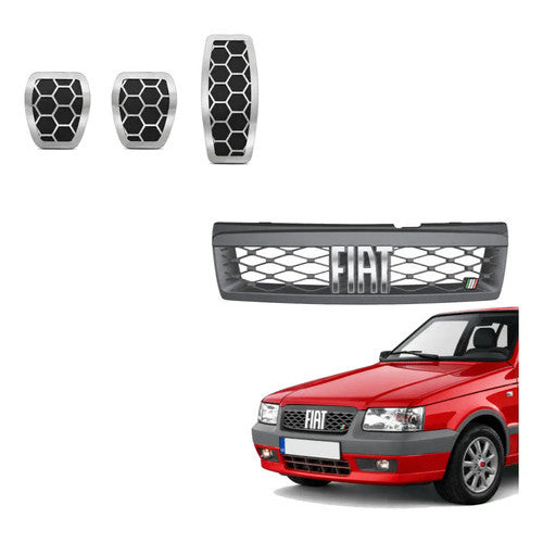 Kit Grade Cinza Com Emblema Cromado e Pedaleira Urban em Inox Fiat Uno Mille 05 a 13