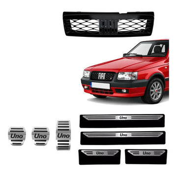 Kit Grade Preta Sem Emblema e Pedaleira e Soleiras Baixo Relevo em Inox Fiat Uno Mille 05 a 13