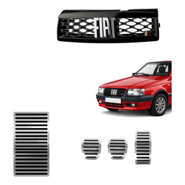 Kit Grade Preta Com Emblema Cromado e Pedaleira Lisa e Descanso Liso em Inox Fiat Uno Mille 05 a 13