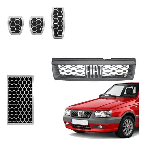 Kit Grade Cinza Com Emblema Cromado e Pedaleira e Descanso Urban em Inox Fiat Uno Mille 05 a 13