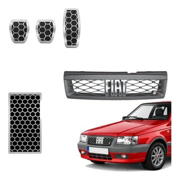 Kit Grade Cinza Com Emblema Cromado e Pedaleira e Descanso Urban em Inox Fiat Uno Mille 05 a 13