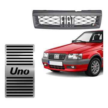 Kit Grade Cinza Com Emblema Cromado e Descanso de Pe em Inox Fiat Uno Mille 05 a 13
