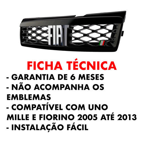 Kit Grade Preta Sem Emblema e Descanso e Soleiras Baixo Relevo em Inox Fiat Uno Mille 05 a 13