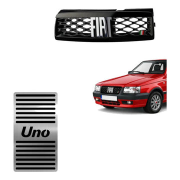 Kit Grade Preta Com Emblema Cromado e Descanso de Pe em Inox Fiat Uno Mille 05 a 13