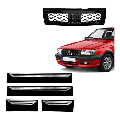 Kit Grade Preta Sem Emblema e Soleiras Lisas em Inox Fiat Uno Mille 05 a 13