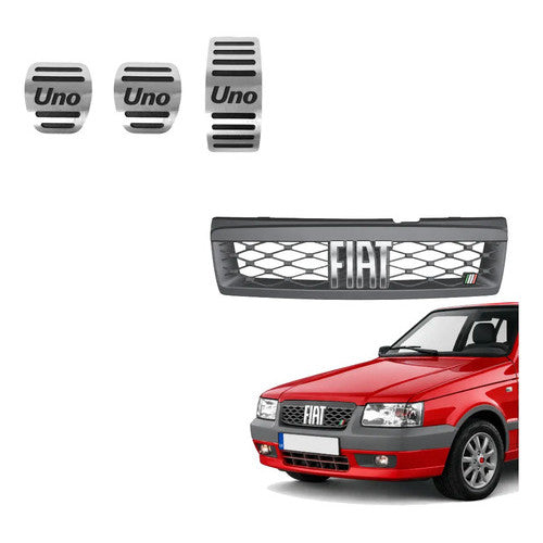 Kit Grade Cinza Com Emblema Cromado e Pedaleira Manual em Inox Fiat Uno Mille 05 a 13