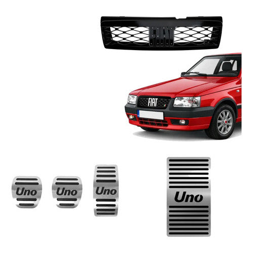 Kit Grade Preta Sem Emblema e Pedaleira e Descanso em Inox Fiat Uno Mille 05 a 13