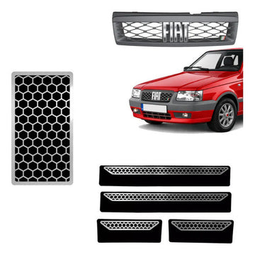 Kit Grade Cinza Com Emblema Cromado e Descanso e Soleiras Urban em Inox Fiat Uno Mille 05 a 13