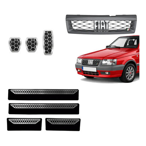 Kit Grade Cinza Com Emblema Cromado e Pedaleira e Soleiras Urban em Inox Fiat Uno Mille 05 a 13
