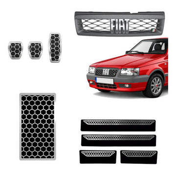 Kit Grade Cinza Com Emblema Cromado e Pedaleira Descanso e Soleiras Urban em Inox Fiat Uno Mille 05 a 13