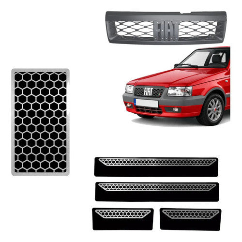 Kit Grade Cinza Sem Emblema e Descanso e Soleiras Urban em Inox Fiat Uno Mille 05 a 13