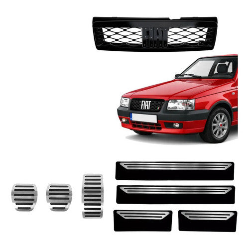 Kit Grade Preta Sem Emblema e Pedaleira Lisa e Soleiras Lisas em Inox Fiat Uno Mille 05 a 13