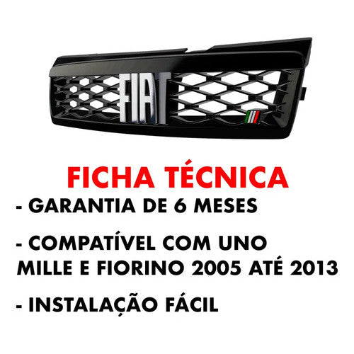 Kit Grade Preta Com Emblema Cromado e Descanso Liso e Soleiras Lisas em Inox Fiat Uno Mille 05 a 13