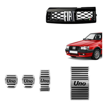 Kit Grade Preta Com Emblema Cromado e Pedaleira e Descanso em Inox Fiat Uno Mille 05 a 13