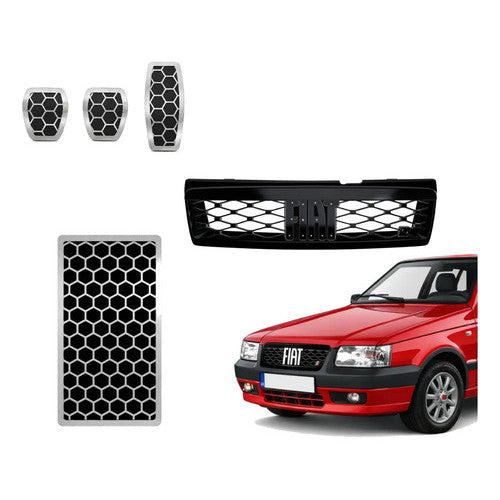 Kit Grade Preta Sem Emblema e Pedaleira e Descanso Urban em Inox Fiat Uno Mille 05 a 13