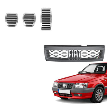 Kit Grade Cinza Com Emblema Cromado e Pedaleira Lisa em Inox Fiat Uno Mille 05 a 13