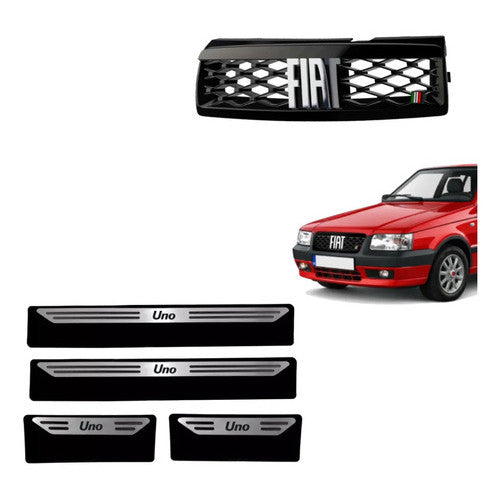 Kit Grade Preta Com Emblema Cromado e Soleiras Baixo Relevo em Inox Fiat Uno Mille 05 a 13