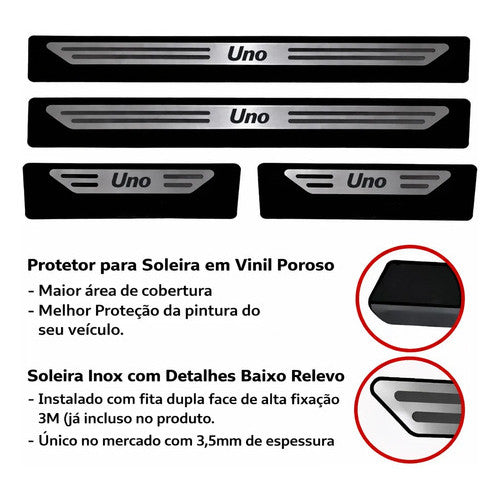 Kit Grade Cinza Com Emblema Cromado e Soleiras Baixo Relevo em Inox Fiat Uno Mille 05 a 13