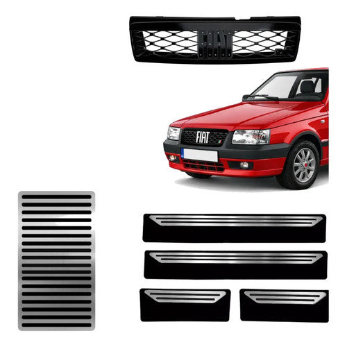 Kit Grade Preta Sem Emblema e Descanso Liso e Soleiras Lisas em Inox Fiat Uno Mille 05 a 13