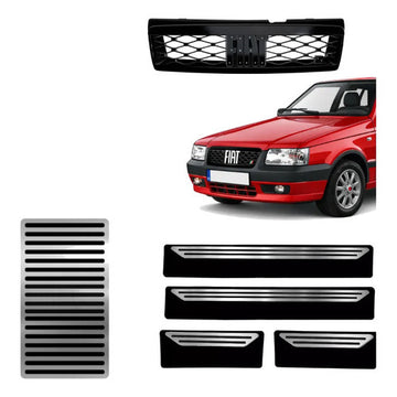 Kit Grade Preta Sem Emblema e Descanso Liso e Soleiras Lisas em Inox Fiat Uno Mille 05 a 13