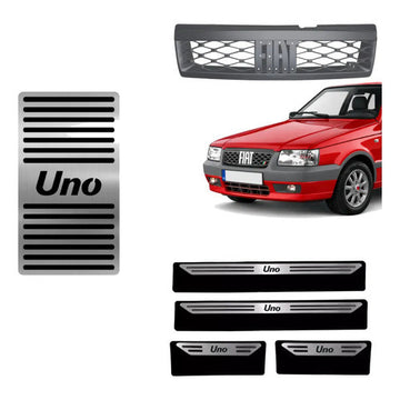 Kit Grade Cinza Sem Emblema e Descanso e Soleiras Baixo Relevo em Inox Fiat Uno Mille 05 a 13