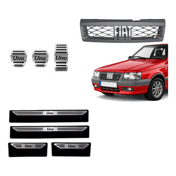 Kit Grade Cinza Com Emblema Cromado e Pedaleira e Soleiras Baixo Relevo em Inox Fiat Uno Mille 05 a 13