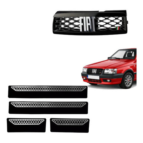 Kit Grade Preta Com Emblema Cromado e Soleiras Urban em Inox Fiat Uno Mille 05 a 13