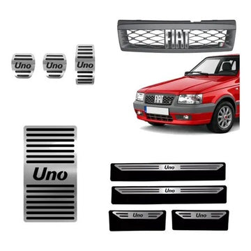 Kit Grade Cinza Com Emblema Cromado e Pedaleira Descanso e Soleiras Baixo Relevo em Inox Fiat Uno Mille 05 a 13