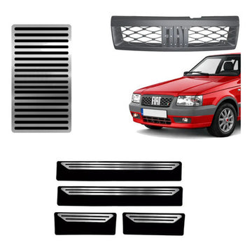 Kit Grade Cinza Sem Emblema e Descanso Liso e Soleiras Lisas em Inox Fiat Uno Mille 05 a 13