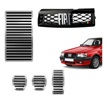 Kit Grade Cinza Com Emblema Cromado e Pedaleira Lisa e Descanso Liso em Inox Fiat Uno Mille 05 a 13