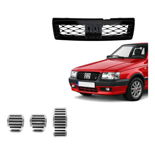 Kit Grade Preta Sem Emblema e Pedaleira Lisa em Inox Fiat Uno Mille 05 a 13